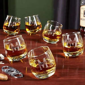 Engraved Spinning Whiskey Glasses - Whiskey Lover Gift, Whiskey Glass for Dad, Boyfriend, Husband, Birthday Gift Set -