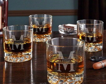 Personalized Whiskey Glasses - Glacier Bottom Custom Whiskey Glass Set, Engraved Bar Glasses *
