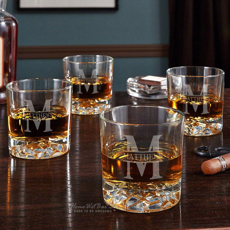 Personalized Whiskey Glasses - Glacier Bottom Custom Whiskey Glass Set, Engraved Bar Glasses, Engraved Bourbon Glasses,