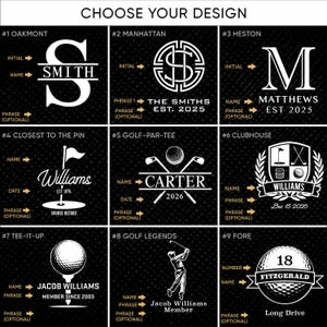 May include: A black and white graphic design template for a golf-themed personalized gift. The design features a variety of options for names, dates, phrases, and golf-related imagery.  The design options include "Oakmont", "Manhattan", "Heston", "Closest to the Pin", "Golf-Par-Tee", "Clubhouse", "Tee-It-Up", "Golf Legends", and "Fore".