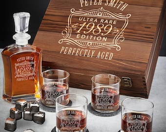Personalized Whiskey Decanter 12 pc Set – Engraved Glasses, Coasters & Wood Box