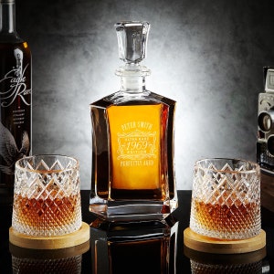 Custom Whiskey Decanter Set with Rotating Whiskey Glasses - Unique Whiskey Glasses Set, Engraved Decanter, Whiskey Gift for Him