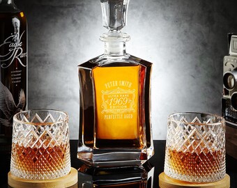 Custom Engraved Whiskey Decanter Set with Rotating Glasses & Coasters