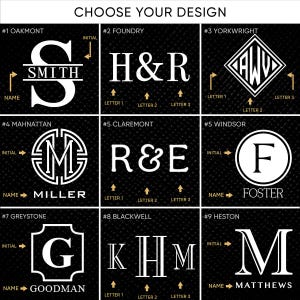 May include: A black and white graphic with nine design options for personalized items. Each design features a different combination of letters and names, with options for initials and full names. The text "CHOOSE YOUR DESIGN" is at the top.