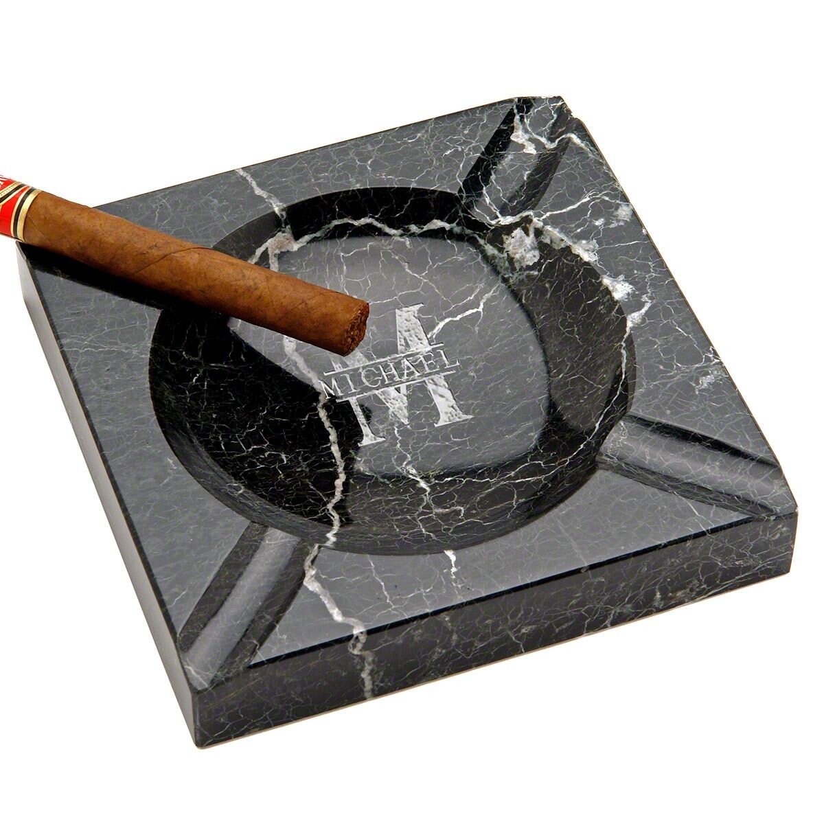 Engraved Square Marble Ashtray with Cigar Glass - Large Custom