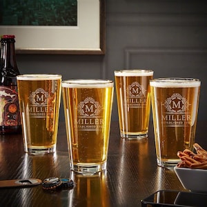 Laser Engraved Pint Glasses with Gold Rim 4pc - Beer Lovers Gift, Engraved Beer Glass, Engraved Pint Glass,
