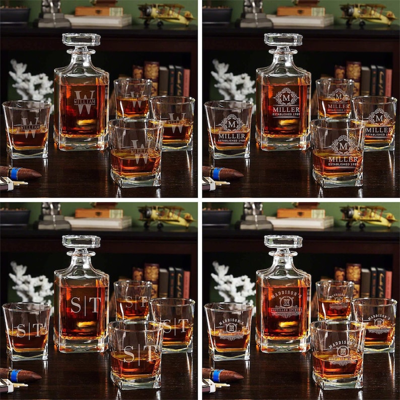 Engraved Bourbon Decanter Set With Bourbon Glasses Etsy