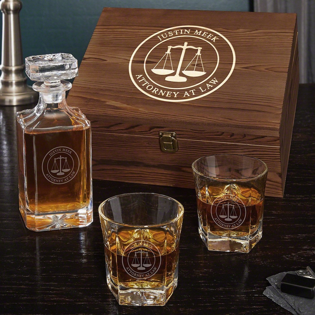 Personalized Bourbon Decanter Set for Lawyers Law School Graduation