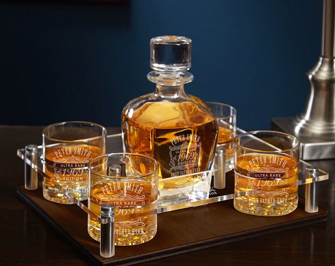Personalized Whiskey Decanter Set with Presentation Tray - Engraved Whiskey Glasses and Bourbon Decanter Set *