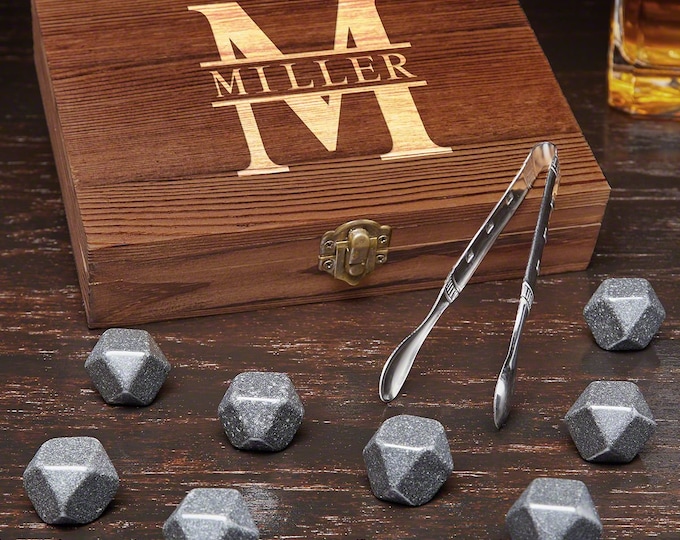 Personalized and Customized Whiskey Chilling Stones Gift Set – Engraved Wood Box, Barware Gift