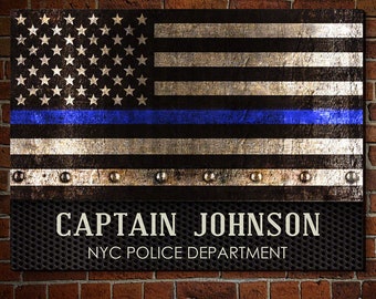 Thin Blue Line Police Officer Sign - Customized Wooden Police Sign - Policeman Gifts, Personalized Wall Sign, US American Flag *