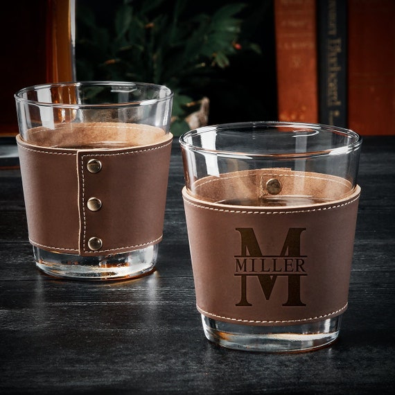 Custom Whiskey Leather Glass - Custom Whiskey Glass, Etched Whiskey Glass, Wrapped Leather Whiskey Lover Gift