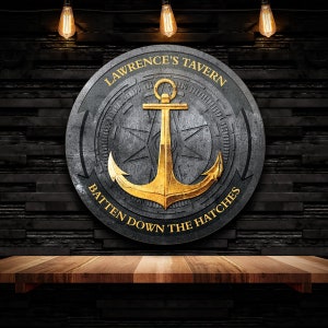 Anchors Aweigh Personalized Round Tavern Sign - Custom Wood Sign for Sailors, Vintage Home Bar Decor, Nautical Tavern Wall Art