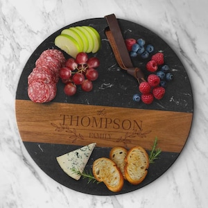 Personalized Wood and Marble Charcuterie Board - Custom Cheese Serving Board Gift for Weddings, Large Round Cheese Tray