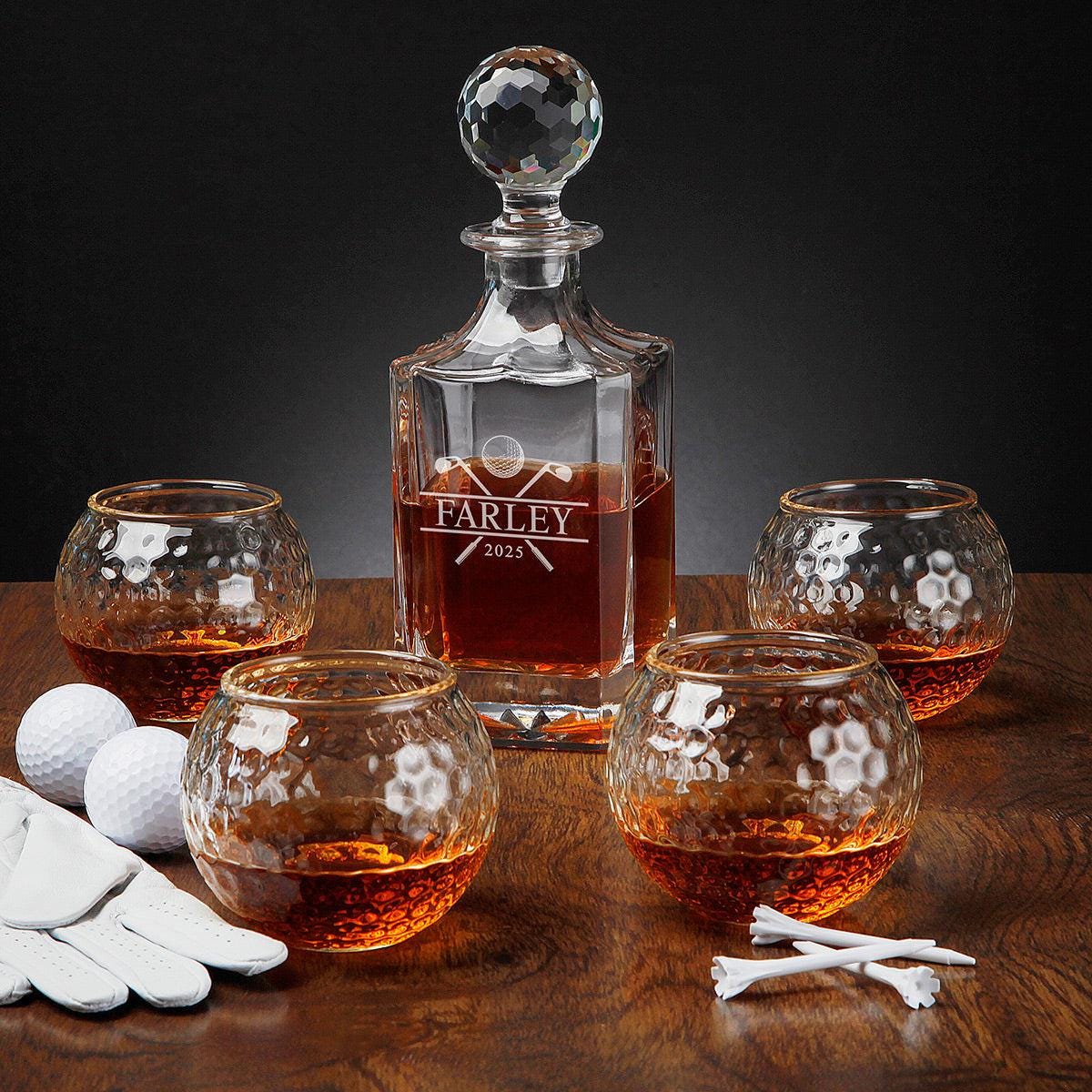 Engraved Golf Whiskey Decanter & Golf Ball Whiskey Glasses