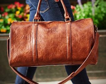 Monogram Leather Duffle Bag – Personalized Weekender Travel Bag