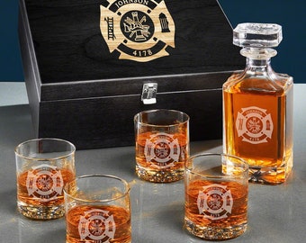 Coffret personnalisé carafe à whisky pour pompiers - cadeau de retraite de pompier, départ à la retraite de chef des pompiers, ensemble de carafe à alcool gravée -