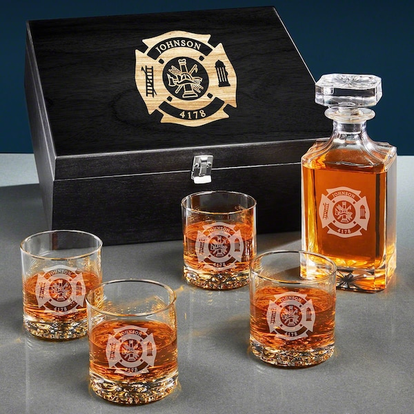 Personalized Whiskey Decanter Box Set for Firefighters- Firefighter Retirement Gift, Fire Chief Retirement, Engraved Liquor Decanter set -