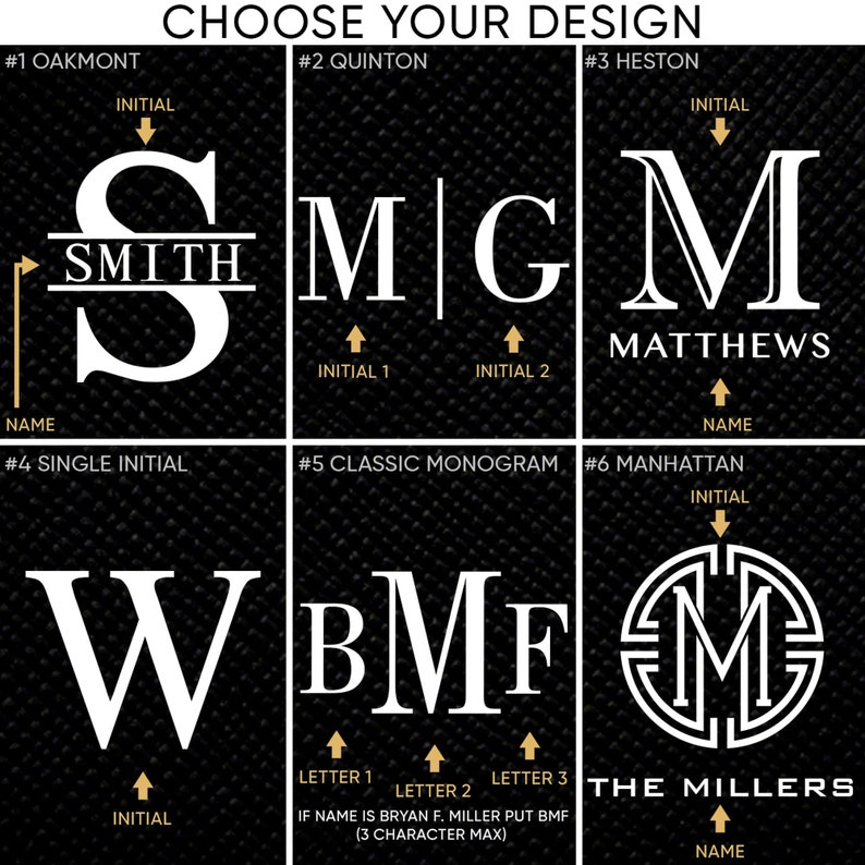 K&ouml;nnte beinhalten: Eine Grafik mit 6 verschiedenen Monogramm-Designoptionen f&uuml;r ein Lederprodukt. Die Optionen umfassen eine einzelne Initial, ein klassisches Monogramm, einen Namen mit einer einzelnen Initial, einen Namen mit zwei Initialen, einen Namen mit einer einzelnen Initial und einen Namen mit einem monogrammierten Initial.