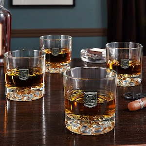 Glacier-Bottom Etched Whiskey Glasses Set - Monogram Glacier Glasses, Custom Etched Glasses, Etched Whiskey Glass Gift for Dad, Gift for Him