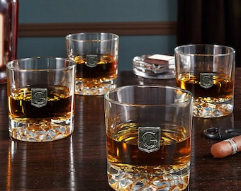 Glacier-Bottom Etched Whiskey Glasses Set - Monogram Glacier Glasses, Custom Etched Glasses, Etched Whiskey Glass Gift for Dad, Gift for Him
