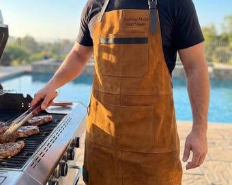 Personalized Leather Apron for Men - 100% Leather BBQ Apron for Boyfriend, Dad, Custom Grilling Birthday Gift, Barbecue Apron