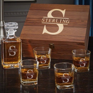 Custom Whiskey Decanter Set for Men - Personalized Bourbon Decanter, Wood Gift Box, Etched Whiskey Glasses, Retirement Gift *