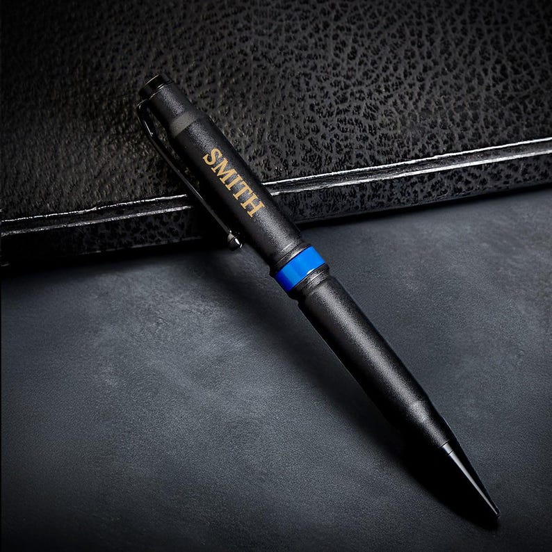 Custom .308 bullet thin blue line pen engraved with name.