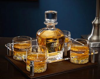 Personalized Whiskey Decanter Set with Tray, Engraved Rocks Glasses, Custom Barware (Retirement Gift)