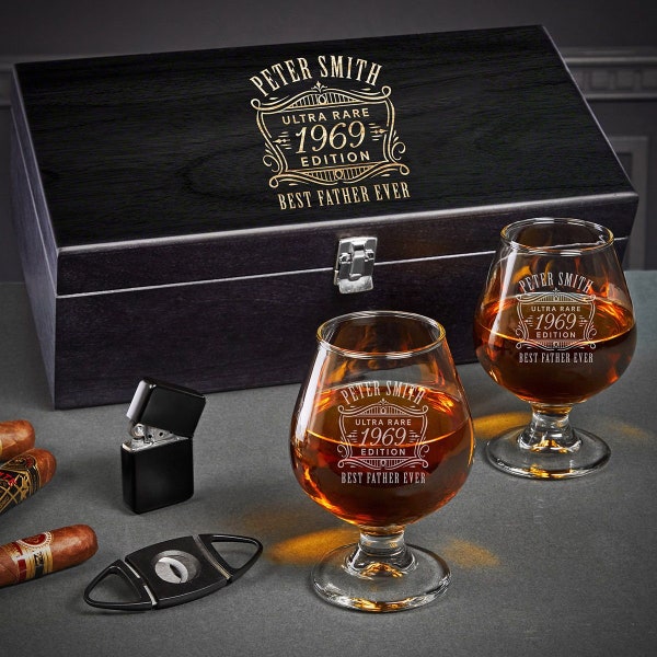 Personalized Cognac Gift Set - Etched Brandy Snifters , Engraved Brandy Glasses, Custom Cognac Glasses Set, Cognac Box Set -