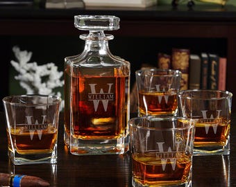 Engraved Whiskey Decanter Set with Square Rocks Glasses - Birthday Gift for Men, Gifts for Whiskey Lovers, Retirement Gift