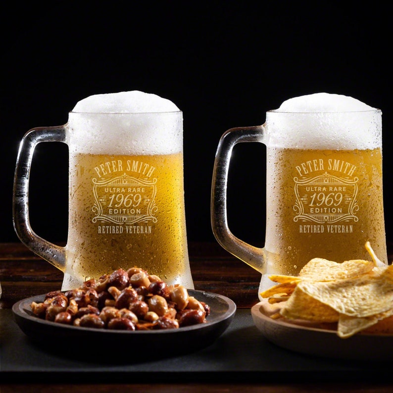 Two personalized beer glasses.