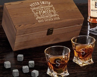 Personalized Whiskey Box Set - Whiskey Lover Gift, Engraved Whiskey Glasses, Etched Rocks Glasses, Whiskey Stones -