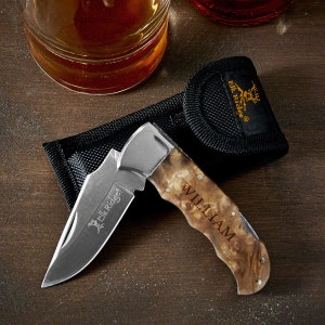 Custom Pocket Knife with Burl Wood Handle - Personalized Gentleman&#39;s Knife, Groomsman Gift, Anniversary Gift for Men
