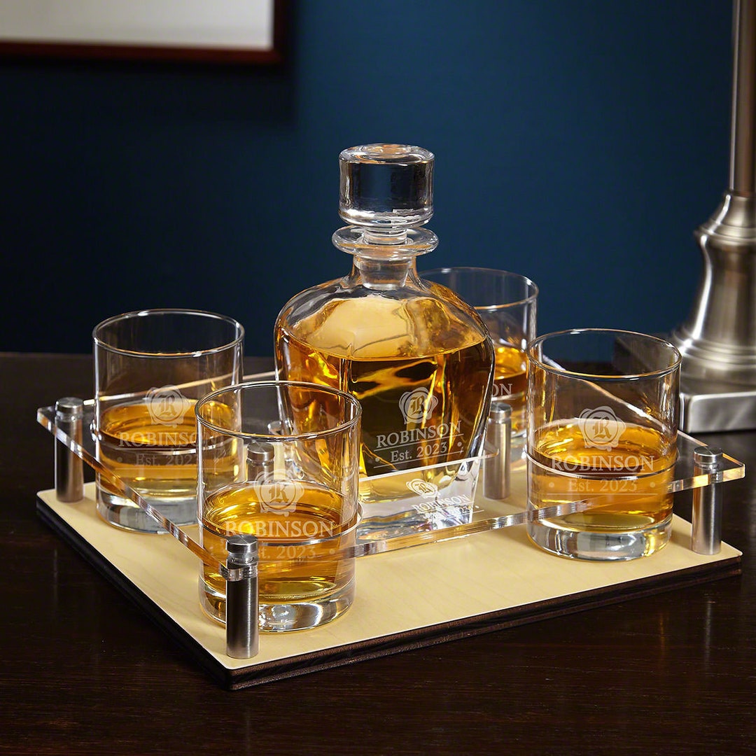 Custom Bar Serving Tray With Etched Barware 6 Pc Engraved Rocks Glasses