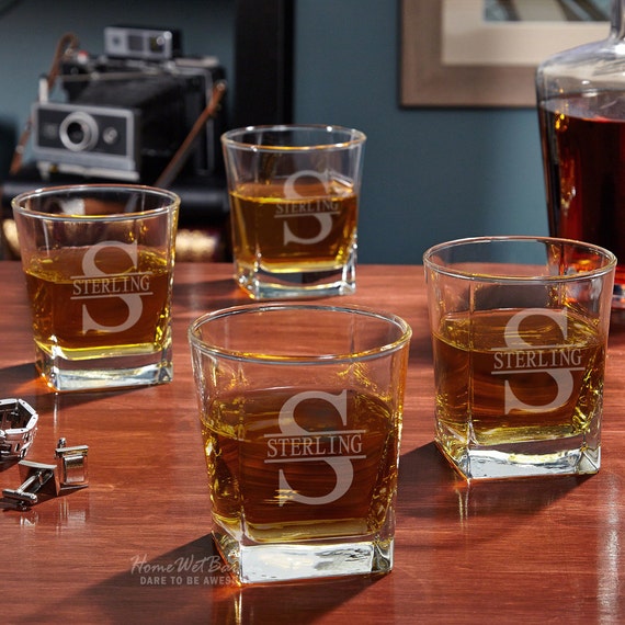 Personalized Whiskey Glass Set Square Whiskey Glass, Etched Rocks Glasses,  Whiskey Lover Gift, Retirement Gift, Corporate Gift 