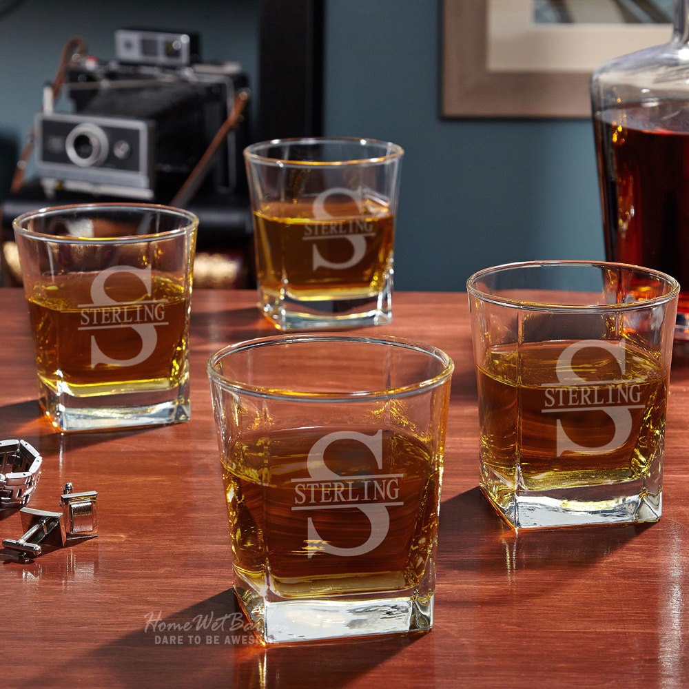 Engraved Square Whiskey Glass, Set of 4 - Engraved Whiskey Glass Set, Etched Rocks Glass, Custom Whiskey Glass, Whiskey Lover Gift for Him