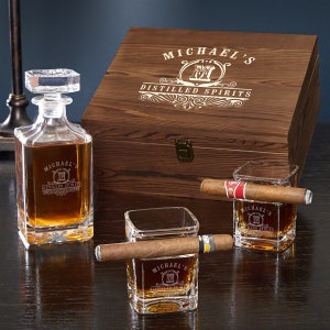 Custom Whiskey Gift Box and Square Glass Set with Cigar Holder - Decanter Barware Set, Bourbon Lover Gift, Bachelor Party Gifts -