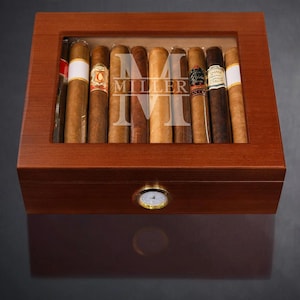 Custom Cigar Humidor Box with Digital Hygrometer, Black Onyx, Engraved Humidor Gift for Dad, Husband, Brother