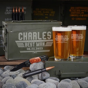 Engraved Groomsman Ammo Box Gift Set - Beer Lover Gift Set, Engraved Ammo Can, Bachelor Party Gift Box,  Made in USA Ammo Can