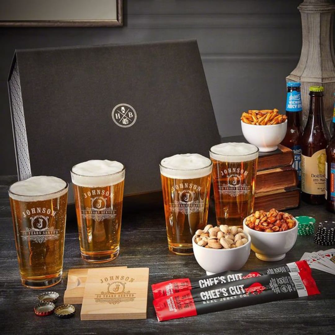 Beer Gift Basket 13pc Set With Custom Pint Glasses Etched Pint Glasses
