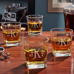 Engraved Whiskey Glass Set of 4 Etched Rocks Glasses, Whiskey Lover Gift, Dad Whiskey Glass Set image 1
