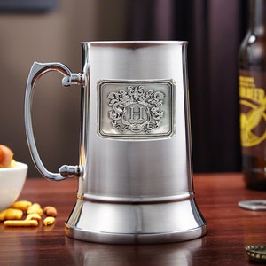 Personalized Metal Beer Stein - Personalized Stainless Steel Beer Mug, Gift for Beer Lovers, Personalized Mug, Pewter Crested Mug