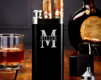 Custom Whiskey and Cigar Flask  - Custom Cigar Holder Whiskey Flask, Engraved Flask, Black Flask, Cigar Travel Case