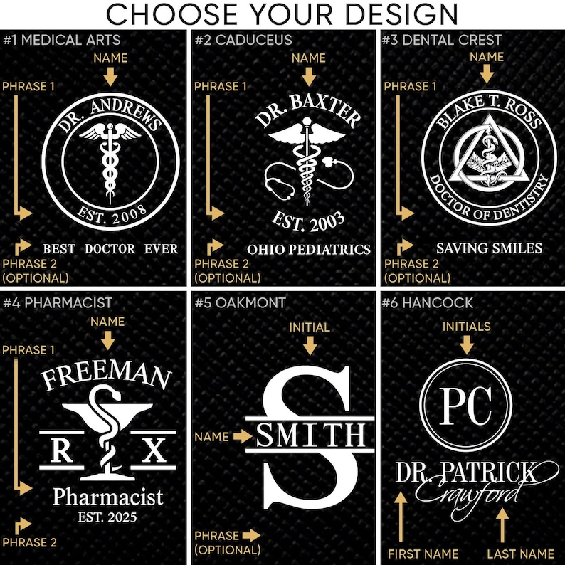 May include: A graphic design template for a medical professional's business card. The design options include a medical symbol, a caduceus, a dental crest, a pharmacist symbol, a monogram, and initials. The text on the design options includes "Dr. Andrews", "Dr. Baxter", "Blake T. Ross", "Freeman", "Smith", and "Dr. Patrick Crawford".