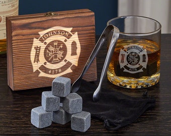 Engraved Firefighter Whiskey Glass Set with Stones, Crystal Tumbler, Fireman Gift