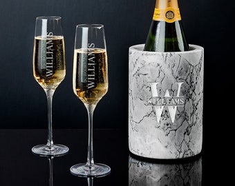 Engraved Champagne Bottle Chiller White Marble with Glasses - Champagne Bucket, Engagement Gift for Couples, Him and Her Gifts *