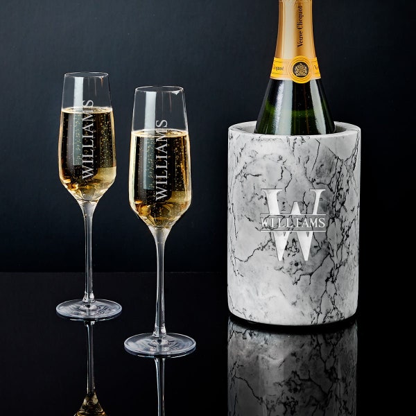 Engraved Champagne Bottle Chiller White Marble with Glasses - Champagne Bucket, Engagement Gift for Couples, Him and Her Gifts *