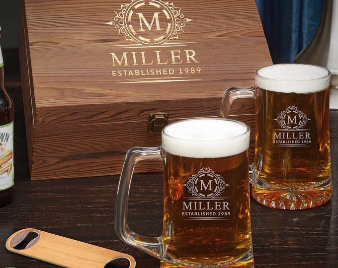 Personalized Beer Mug Gift Set – Engraved Wooden Box & Bottle Opener