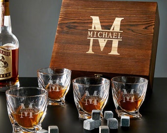 Custom Whiskey Glasses Set- Engraved Rocks Glasses, Engraved Keepsake Box, Whiskey Stones Set, Whiskey Glasses Box, Mens Gift -